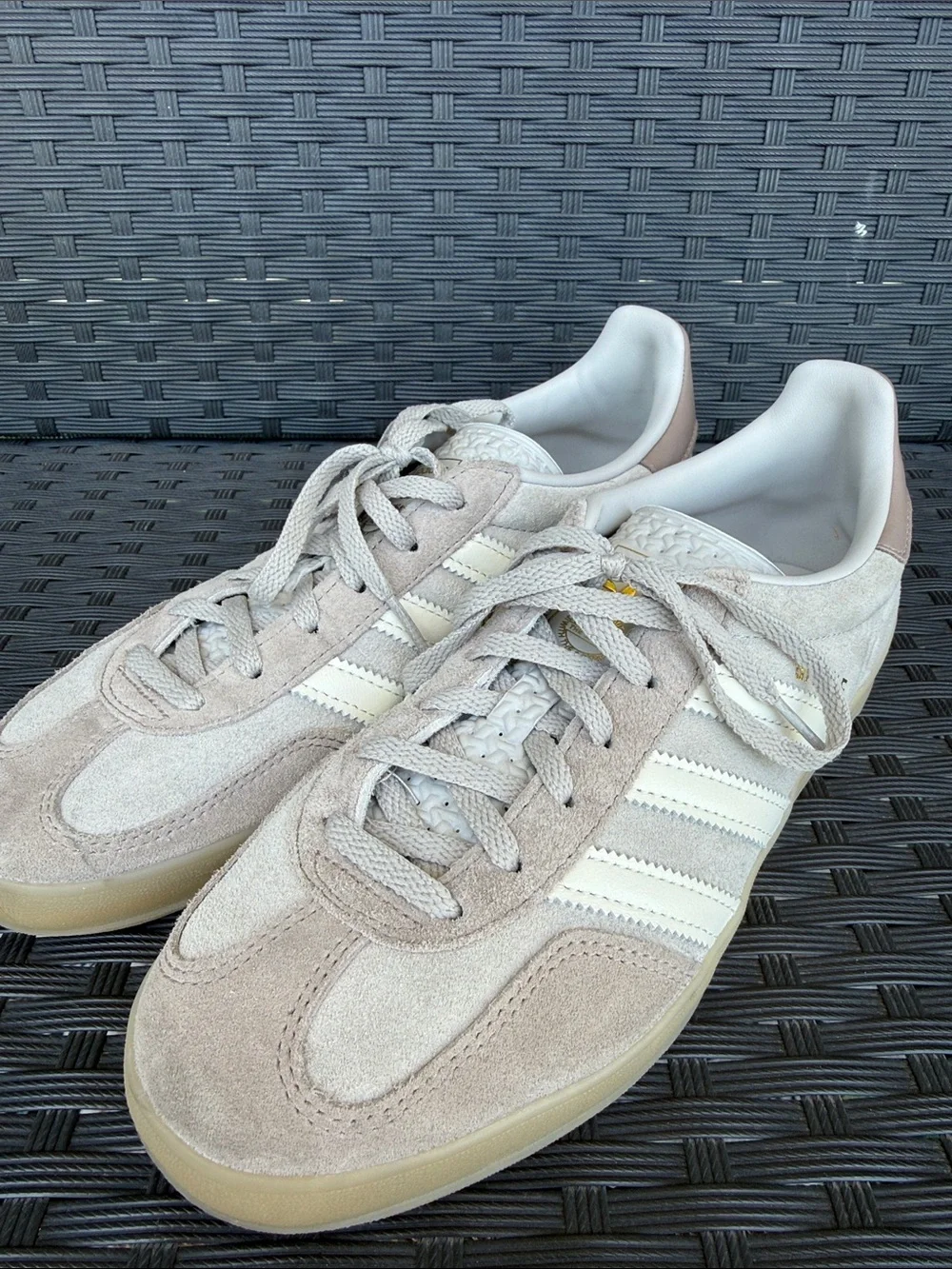 Adidas Gazelle Suede Sneakers in Taupe/Brown, Cream, and Gold